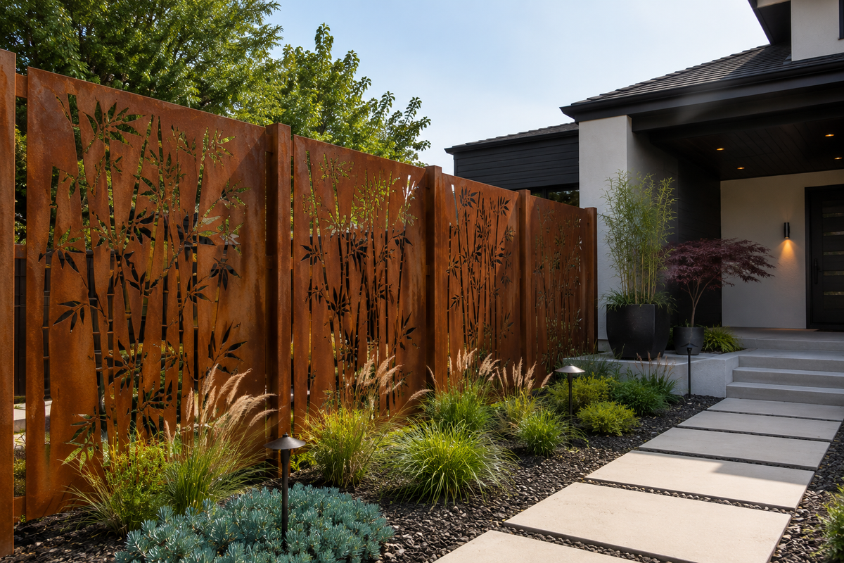 Custom Black Bamboo Privacy Panels | 14 GA Steel | Modern Laser Cut Outdoor Screens | Made in USA