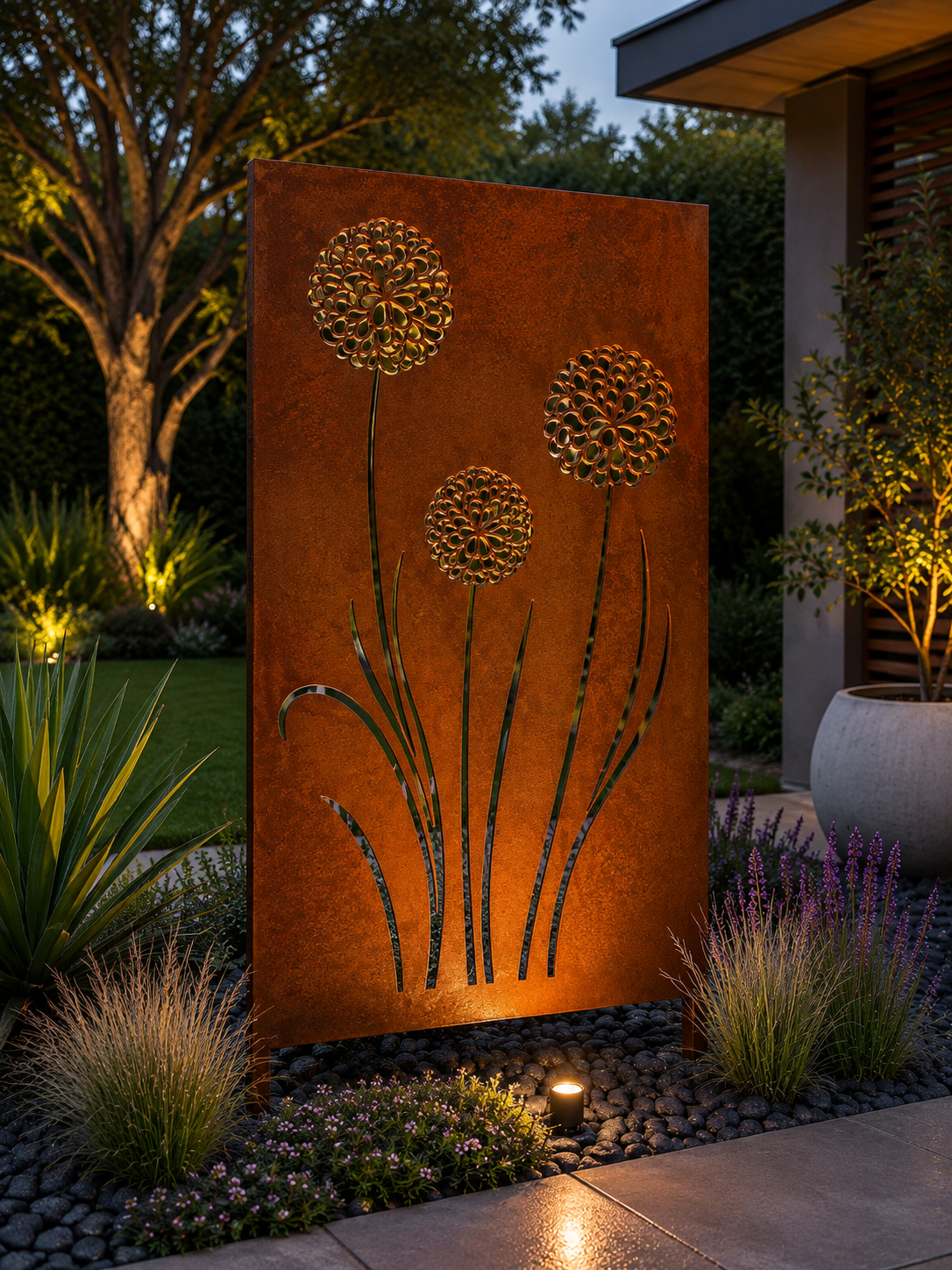 Custom-Made Modern Botanical Corten Steel Privacy Panels | Decorative Outdoor Screens | Made in USA