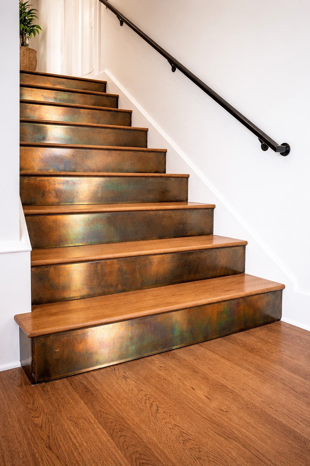 Custom Copper Patina Stair Risers | Verdigris Coast, Aged Copper Noir Finishes
