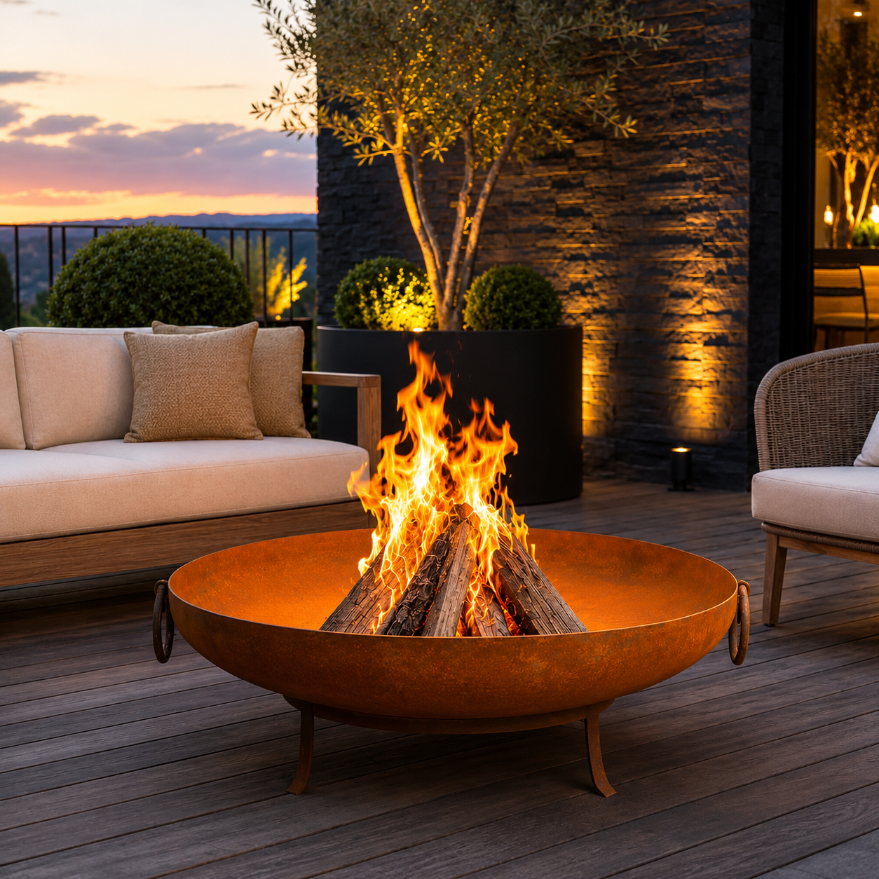 Large Corten Steel Fire Pit Bowl | Modern Outdoor Wood Burning Fire Bowl | Made in USA