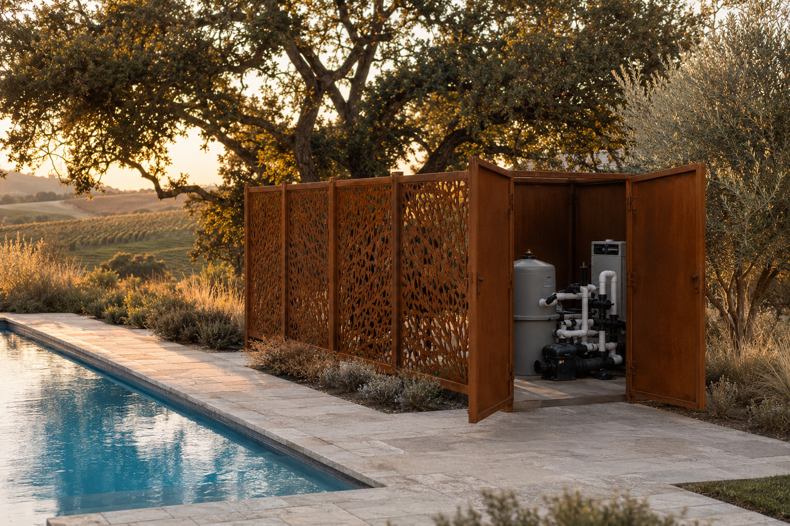 Corten Steel Pool Equipment Enclosure | Custom Decorative Metal Screen & Pool Pump Cover