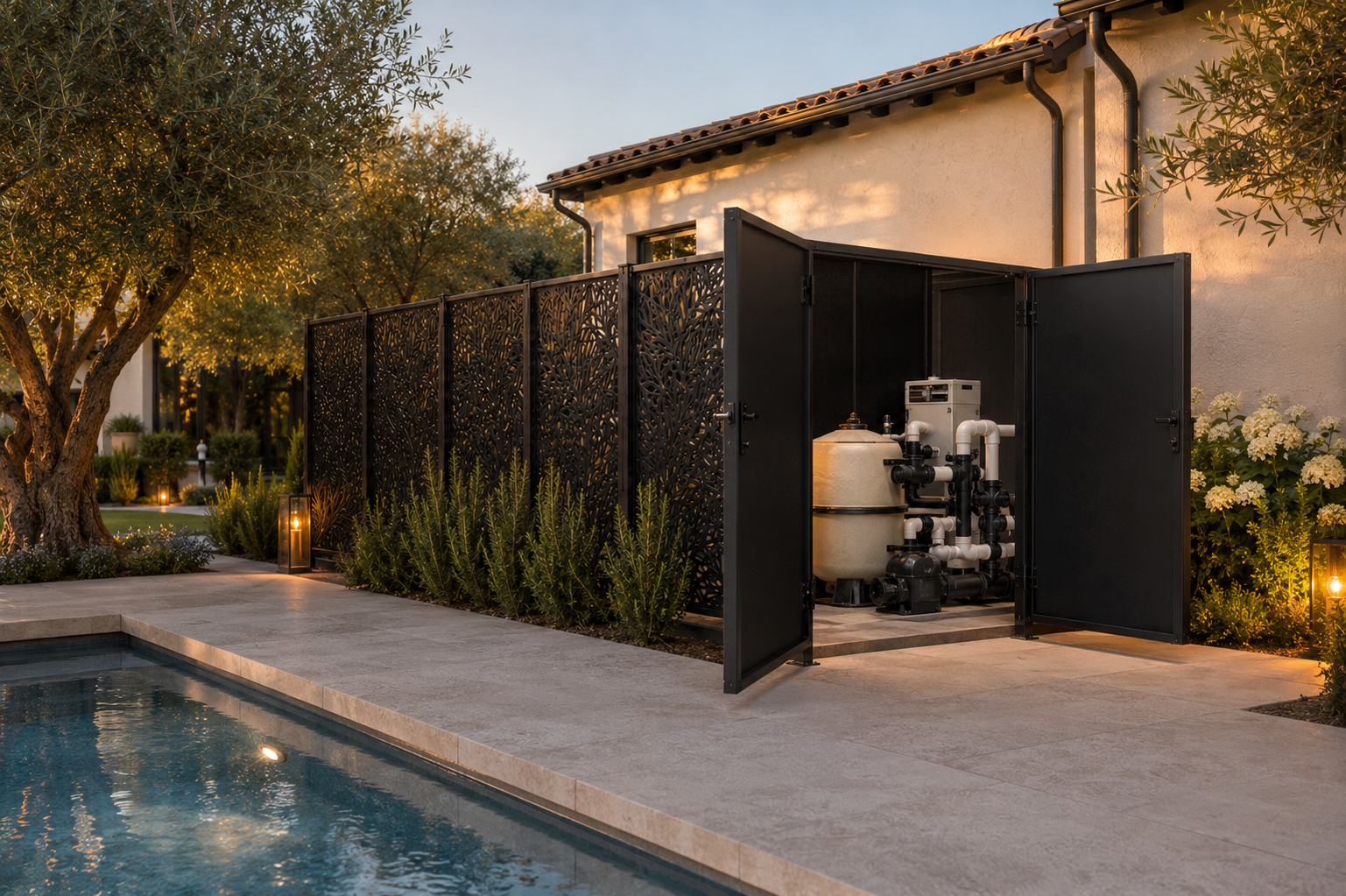 Corten Steel Pool Equipment Enclosure | Custom Decorative Metal Screen & Pool Pump Cover