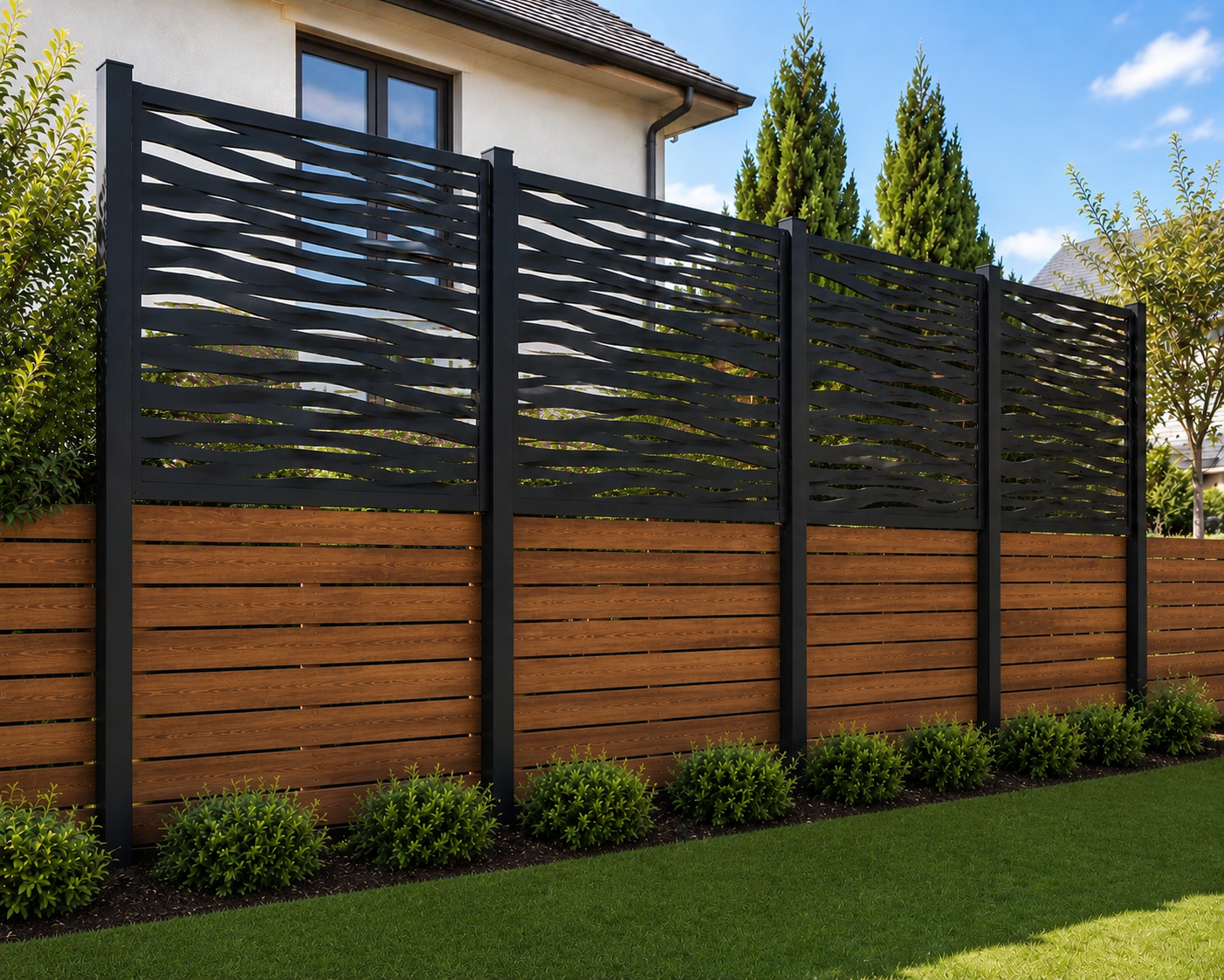 Modern Black Metal & Corten Steel Privacy Fence Panels | Custom Outdoor Privacy Screen | Decorative Fence