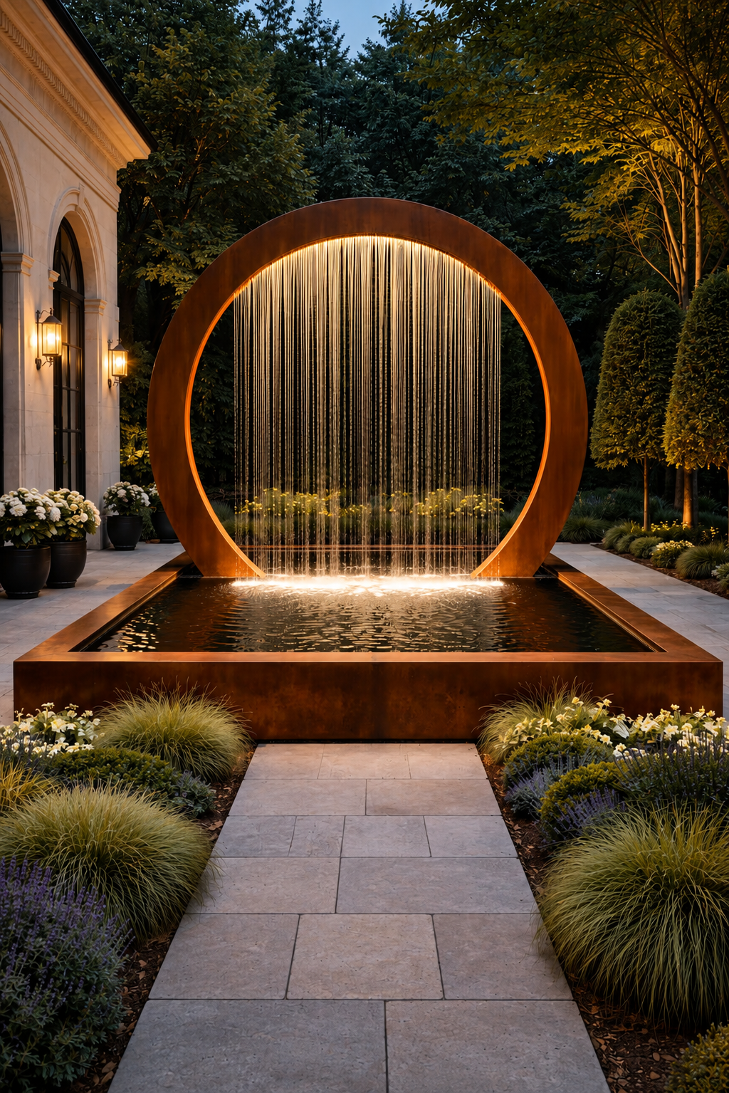 Corten Steel Waterfall Fountain, Modern Outdoor Reflecting Pool