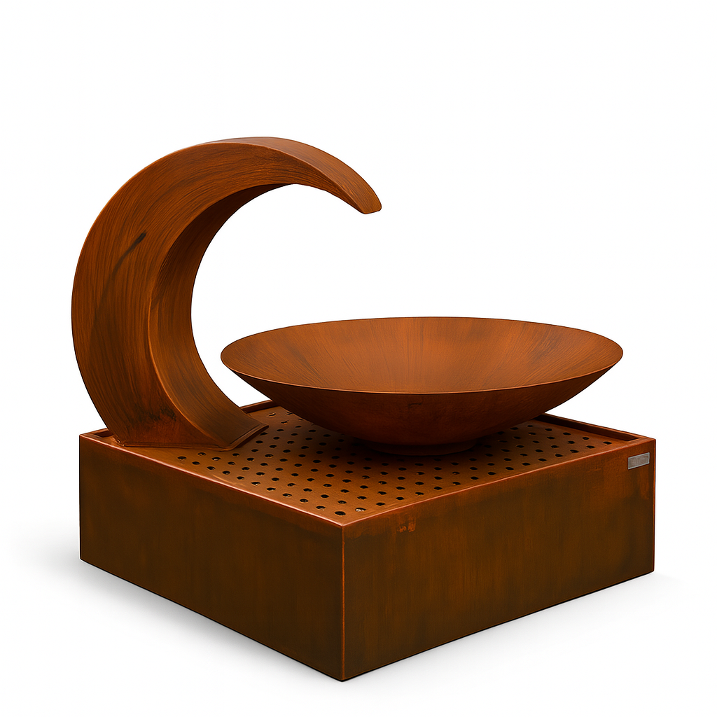 Modern Corten Steel Garden Fountain – Sculptural Outdoor Water Feature | 39" Rust Bowl with Arc | Handmade Landscape Decor USA - Ready to Ship!