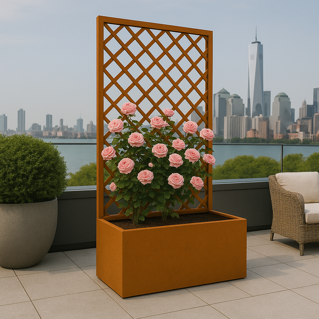 metal planter and trellis Corten Steel Planter with Trellis – 36"x24"x18" Box with 96" High Lattice Screen