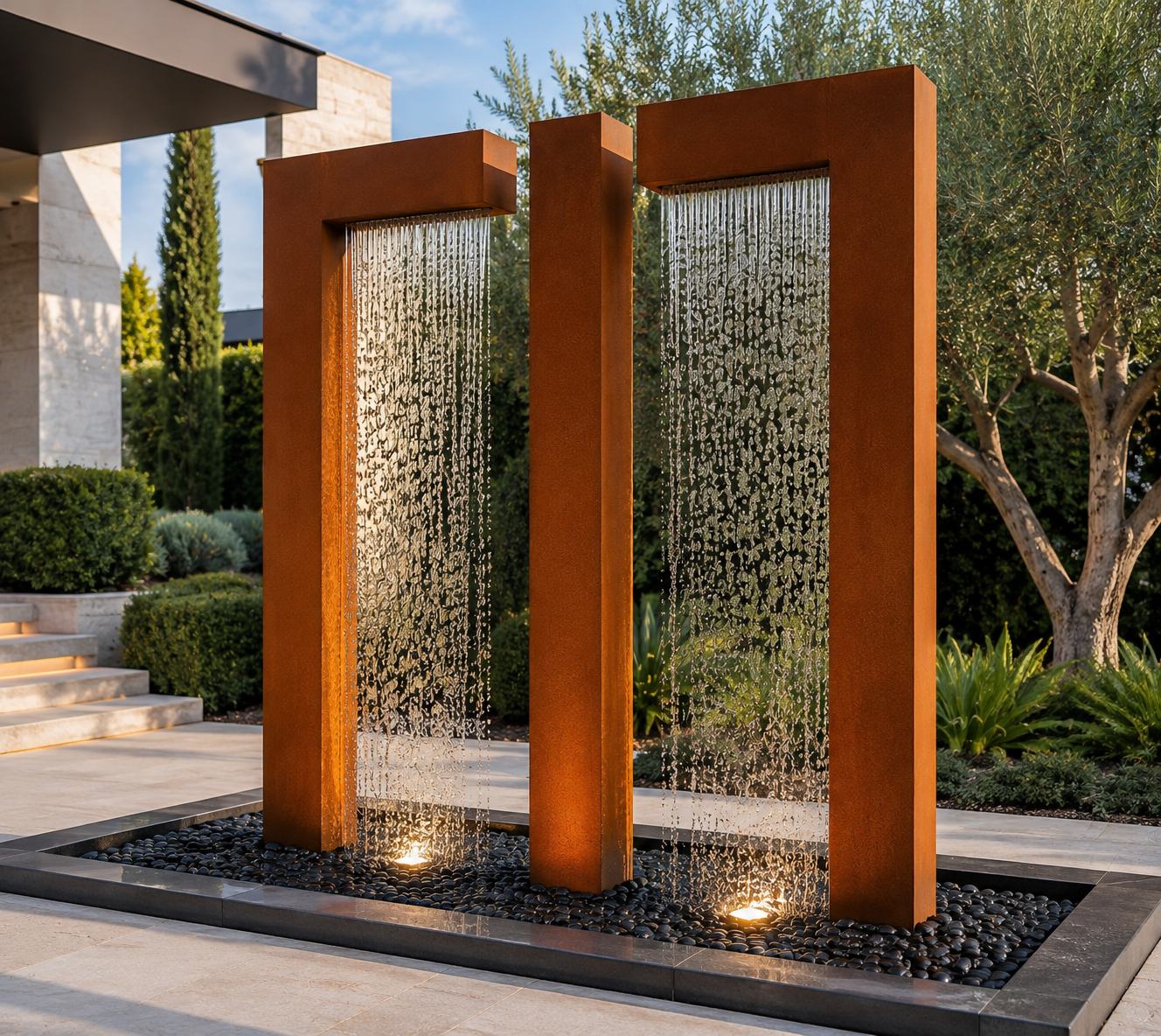 Modern Corten Steel Water Feature – Outdoor Waterfall Fountain with Basin – Luxury Garden Fountain – Architectural Landscape Water Feature