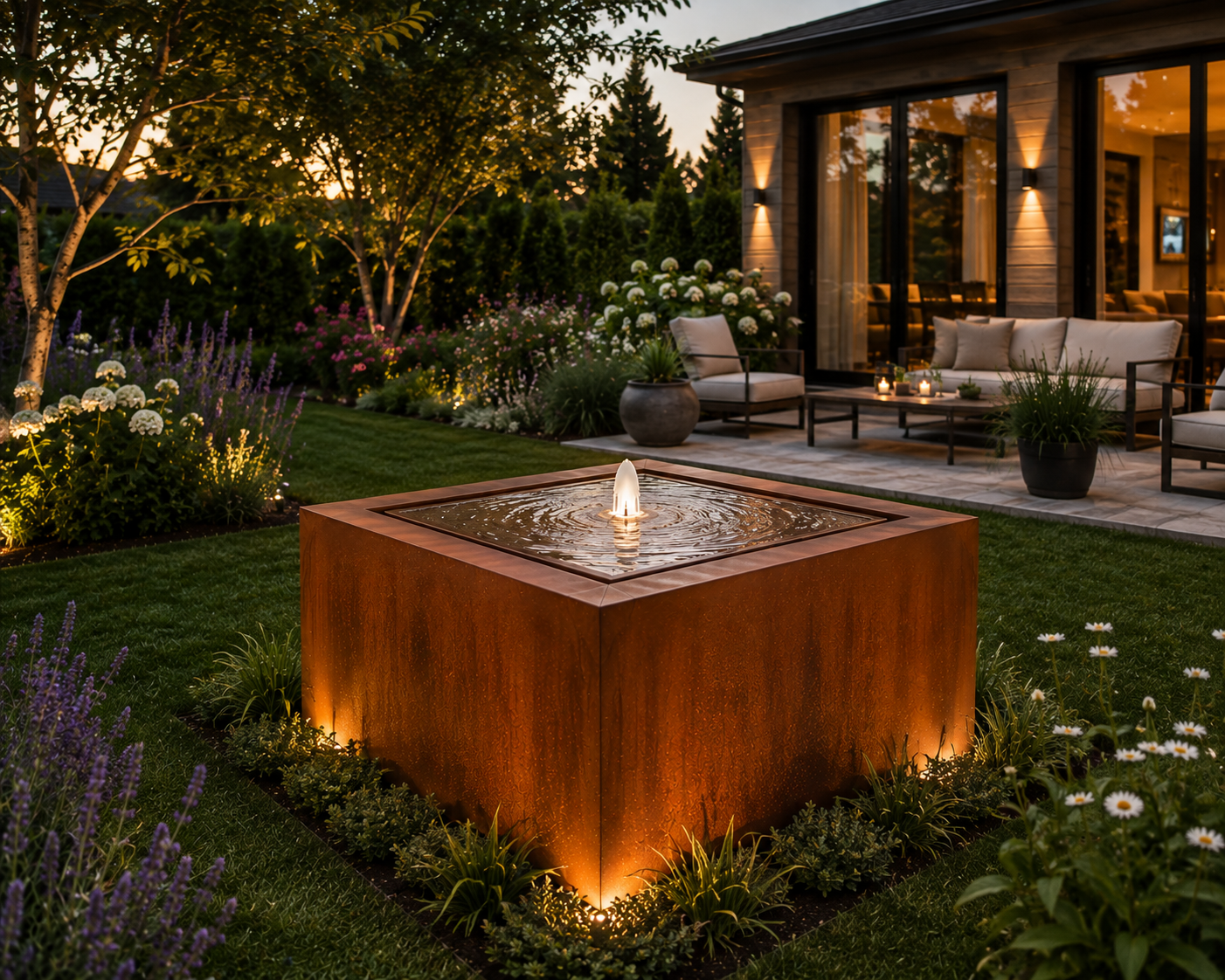 Corten Steel Water Feature 24x24 – Modern Outdoor Garden Fountain – Square Bubbling Fountain – Contemporary Landscape Water Feature