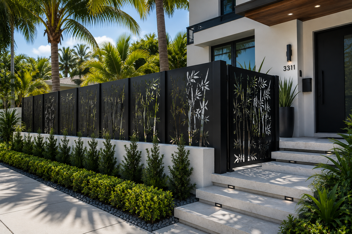 Custom Black Bamboo Privacy Panels | 14 GA Steel | Modern Laser Cut Outdoor Screens | Made in USA
