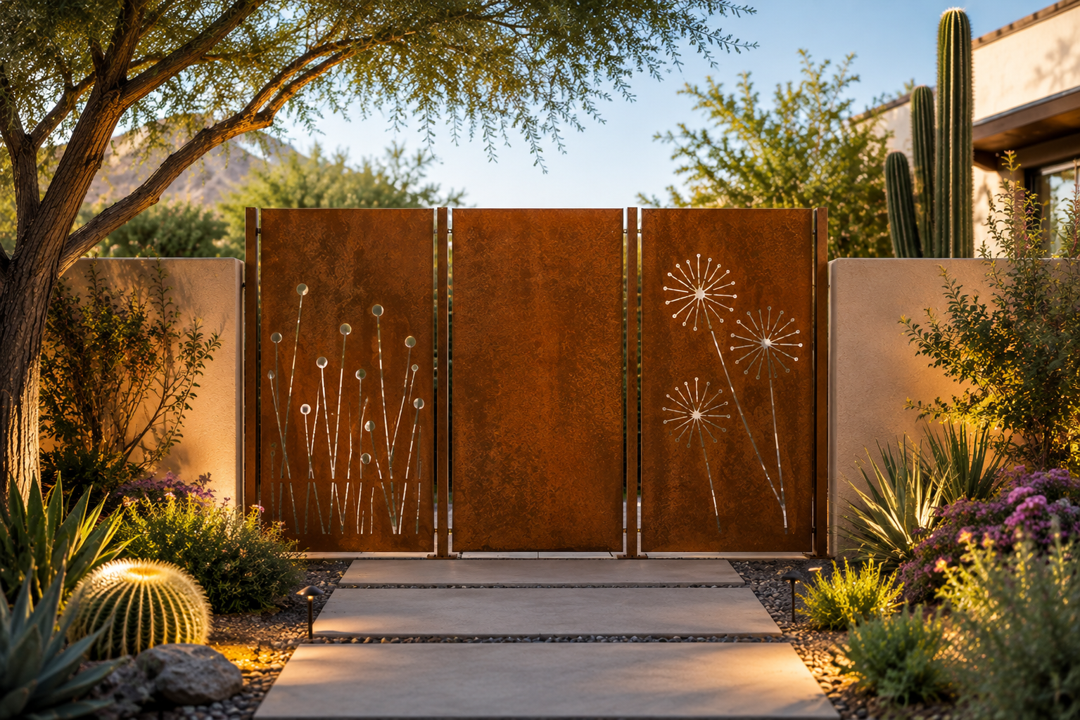 Modern Botanical Corten Steel Privacy Panels | Decorative Outdoor Screens | Made in USA