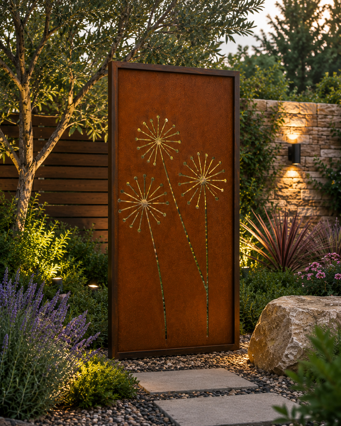 Modern Botanical Corten Steel Privacy Panels | Decorative Outdoor Screens | Made in USA