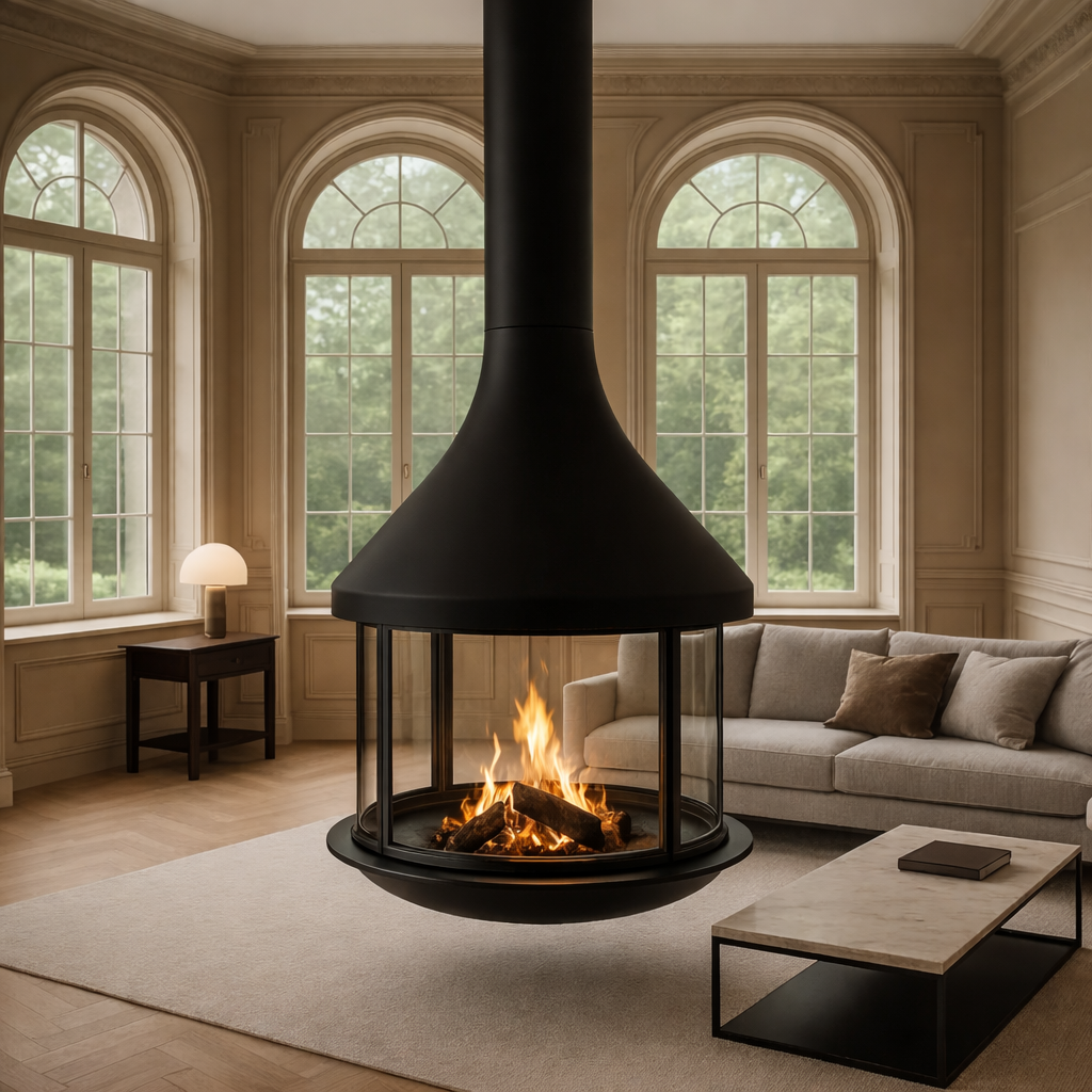 Custom size- 360 Suspended Spherical Fireplace - Luxury Rotating Centerpiece for Modern Interiors