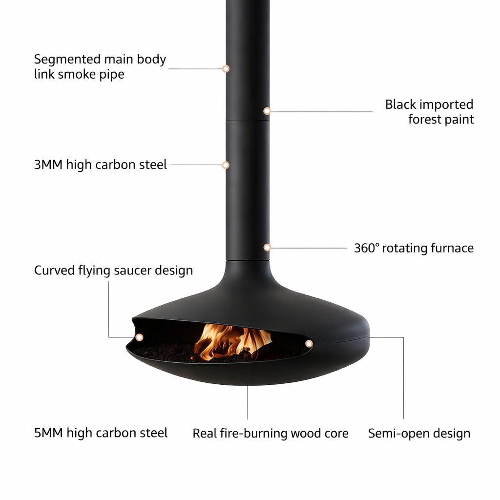 Luxury Hanging Fireplace – Modern Suspended Fireplace, 360 Rotating (wood-burning only), Wood or Gas, Floating Ceiling-Mounted Fire Feature