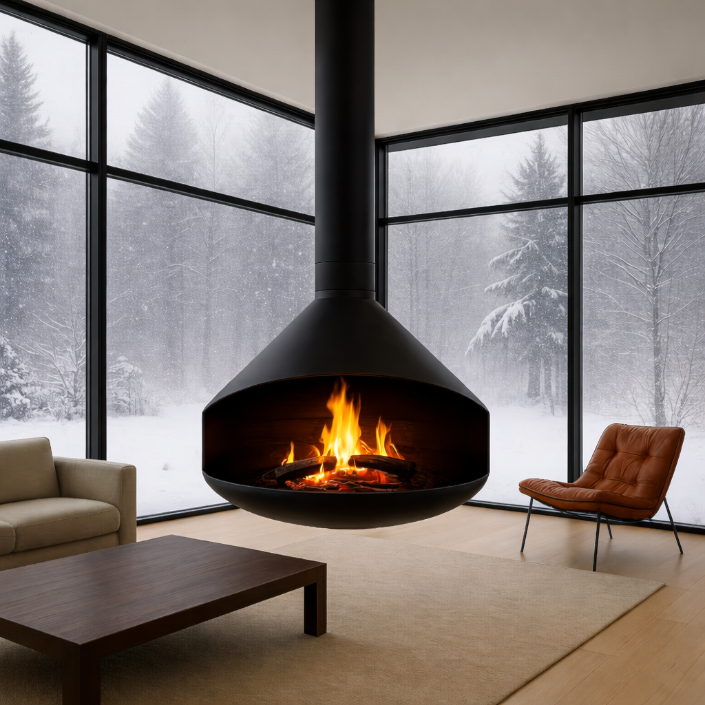 Modern Suspended Black Fireplace – Hanging Gas Fireplace for Luxury Living Room & Contemporary Interiors