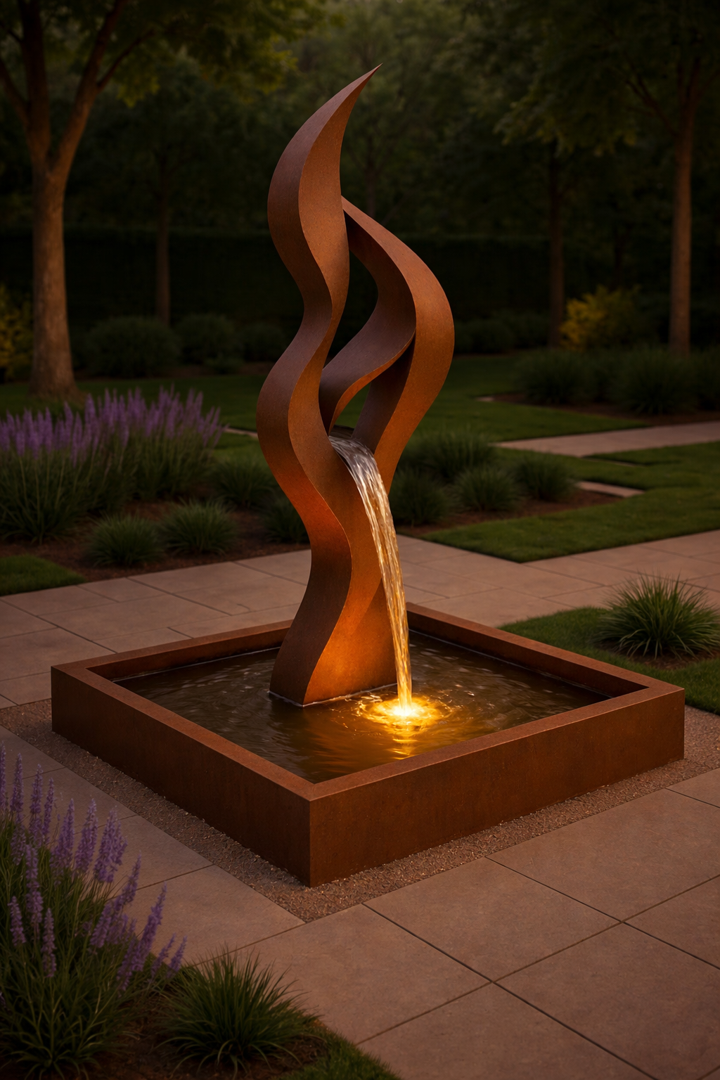Modern Corten Steel Fountain – Sculptural Outdoor Water Feature