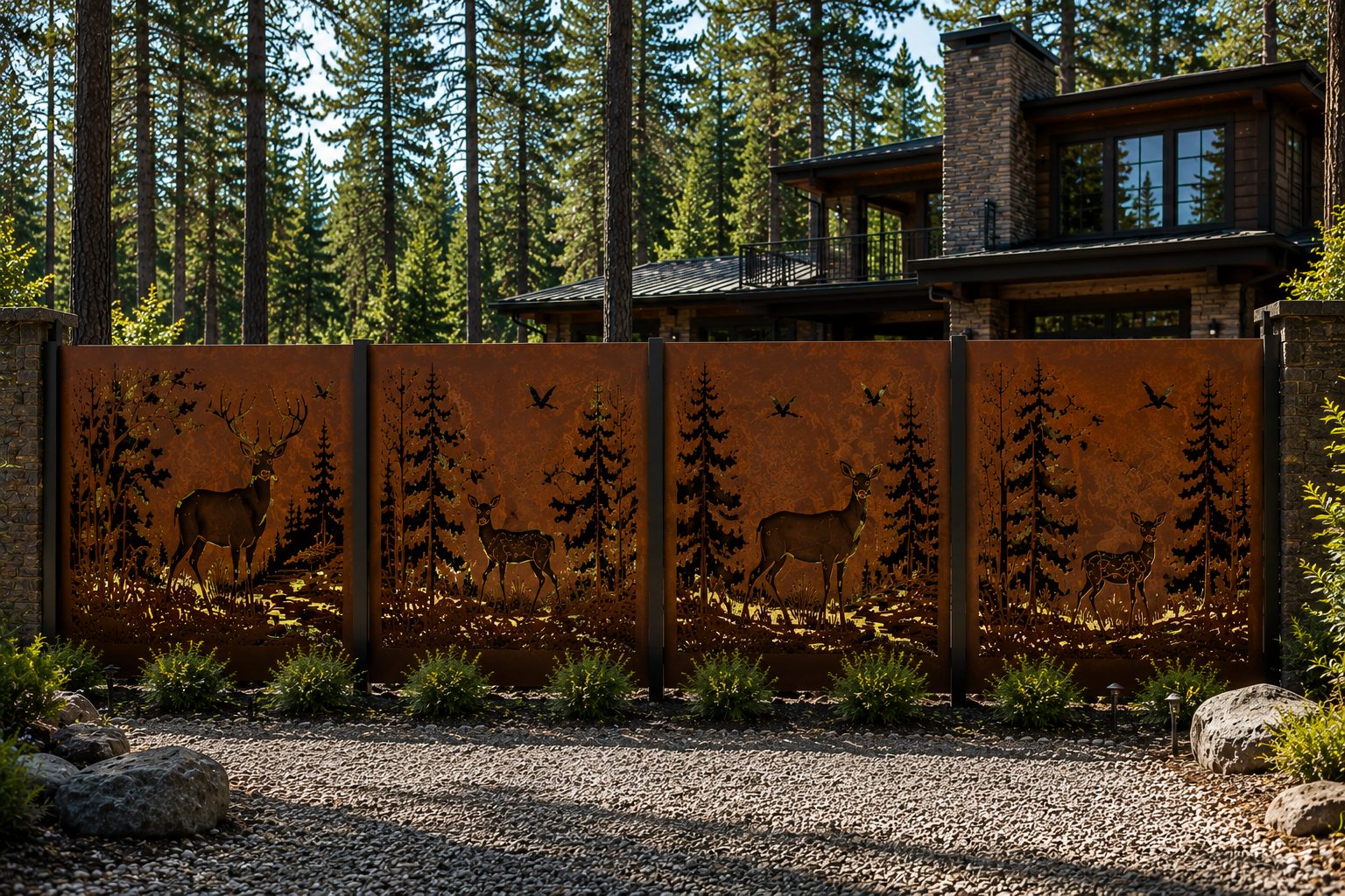 Architectural Corten Steel Privacy Screen | Luxury Deer Laser Cut Metal Panel | Woodland Collection