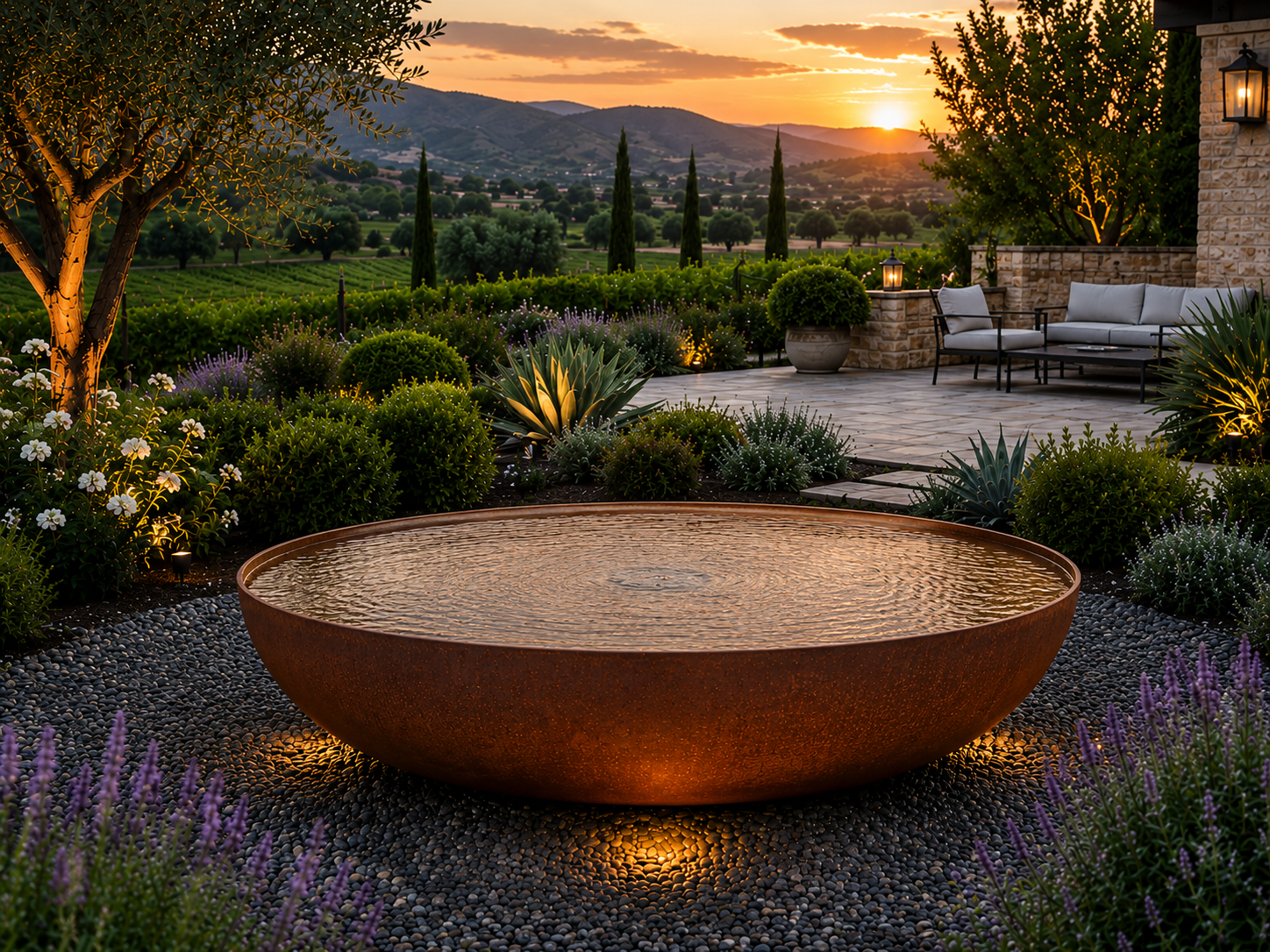 Elegant Corten Steel Fountain Bowl – 54” Modern Outdoor Water Feature | Luxury Garden & Poolside Décor