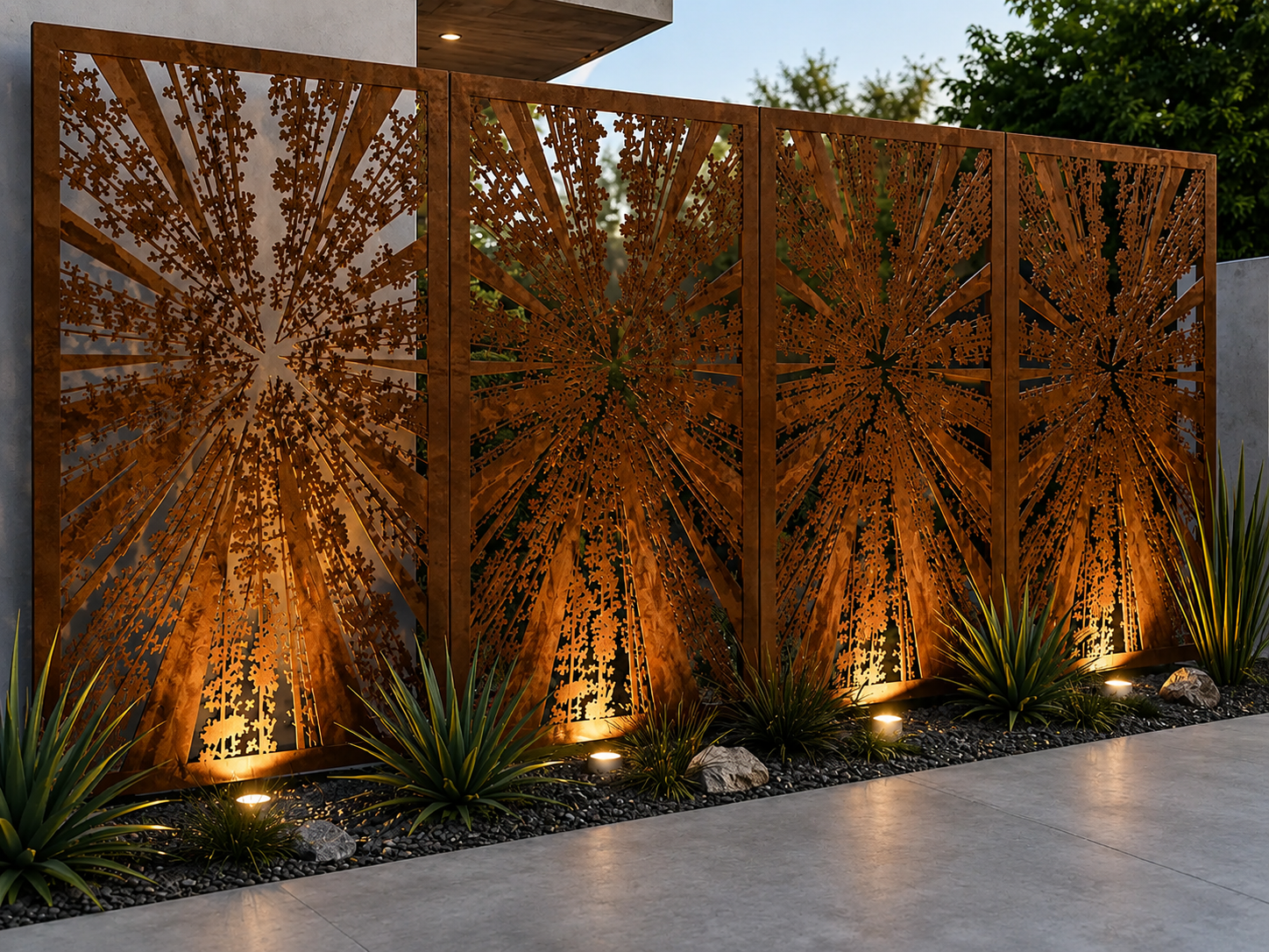 Coast Redwood Forest Privacy Screen | Custom Laser Cut Corten Steel Privacy Panel | Modern Outdoor Privacy Screen