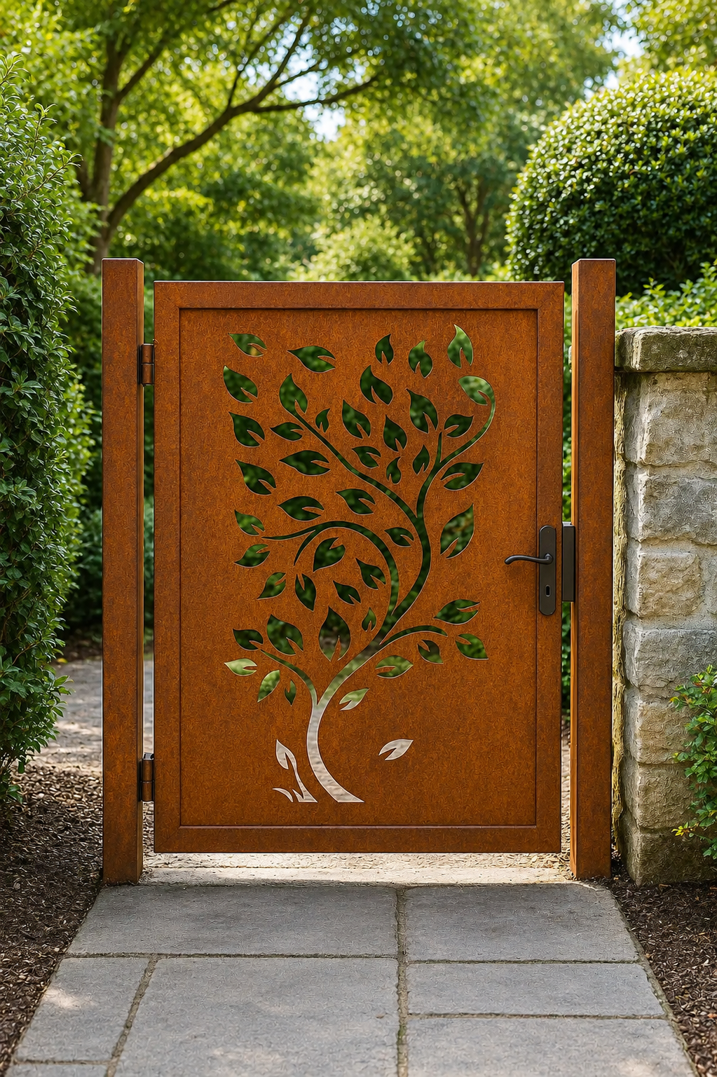 Custom Corten Steel Garden Gate: Laser Cut Tree Design, Modern Entry