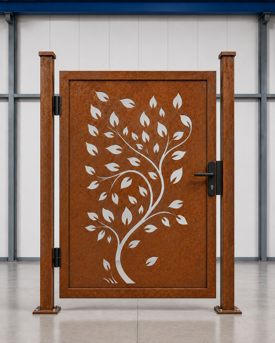 Custom Corten Steel Garden Gate: Laser Cut Tree Design, Modern Entry