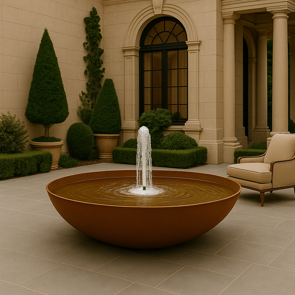 Elegant Corten Steel Fountain Bowl – 48” Modern Outdoor Water Feature | Luxury Garden & Poolside Decor