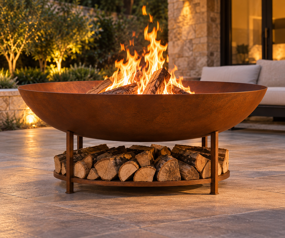 Corten Steel Fire Pit, Outdoor Fire Pit, Fire Pit Bowl, Wood Burning, Firewood Storage, Lid e Custom Size.