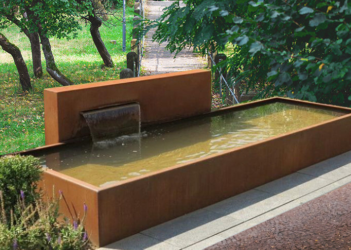 Custom Made Corten Steel Water Feature- Single Basin with Backdrop Panel