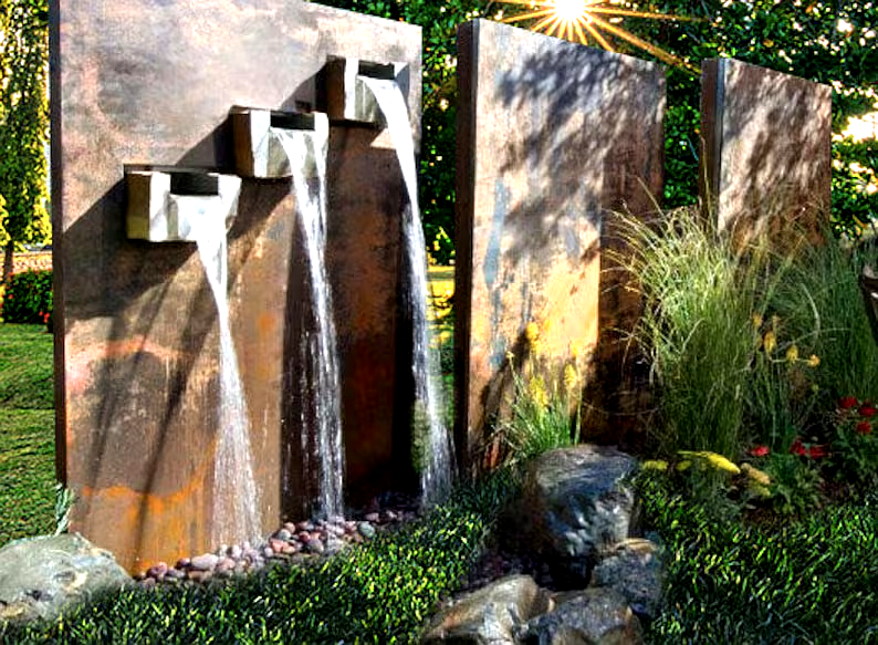 Elemental Flow Water Feature - Modern Corten Steel for Outdoor Tranquility Fountain Size: 73" (H) x 44" (W) x 36" (D) Solid Panel Dimensions (Each): 72" (H) x 44" (W)