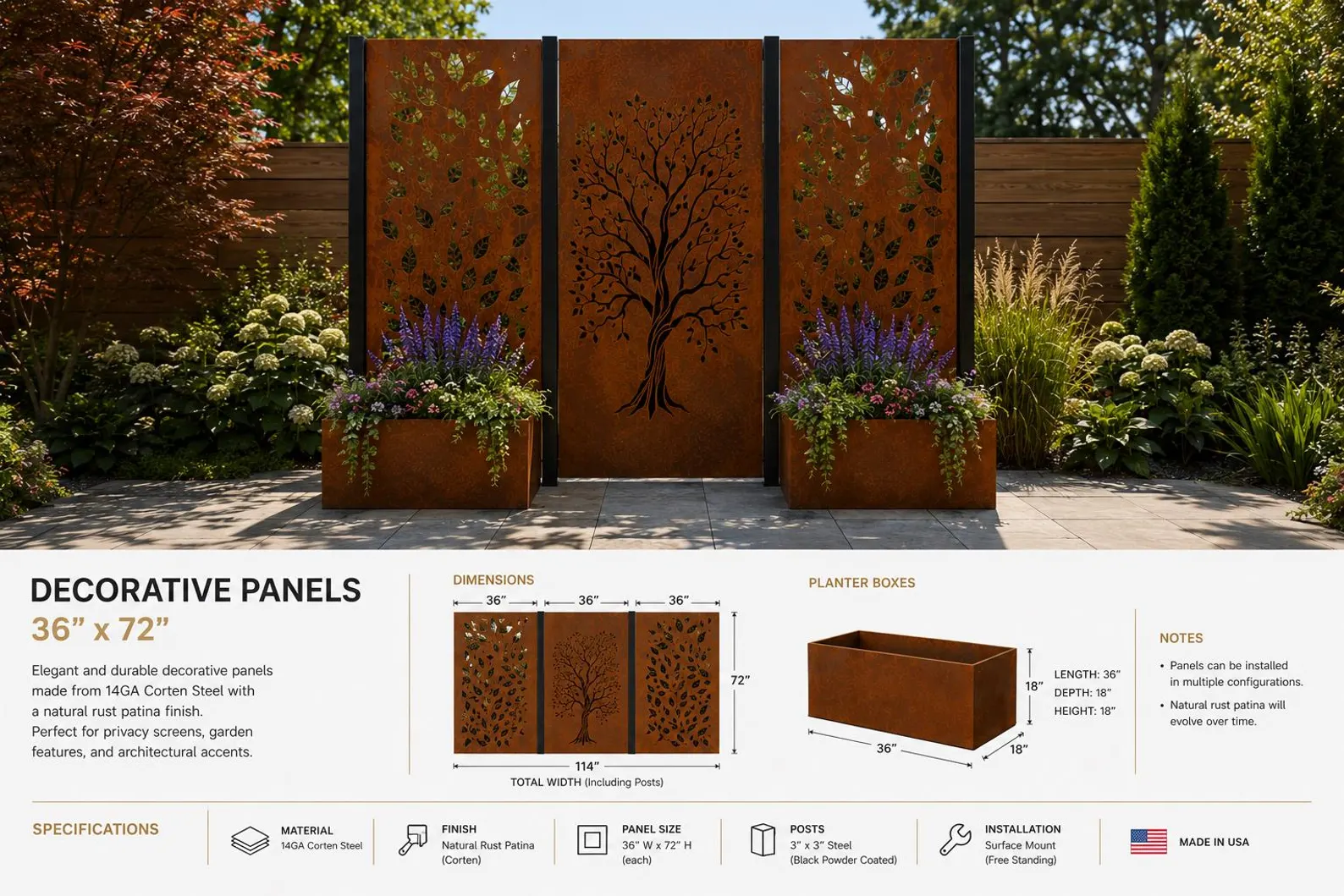 Custom Made Size - Corten Steel Decorative Privacy Panel Set – Three 36"x60" Panels with Planter Bases | Tree & Leaves Laser-Cut Design by H&P Building