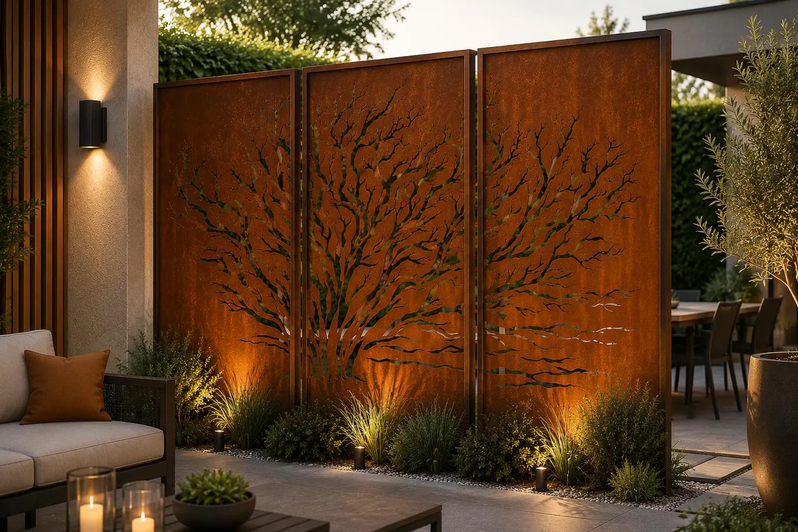 Juniper Tree Corten Steel Privacy Panel, Laser Cut Outdoor Wall Art, Modern Patio Screen Corten Steel Decorative Privacy Screen – Laser Cut Floral Design for Modern Gardens & Outdoor Spaces