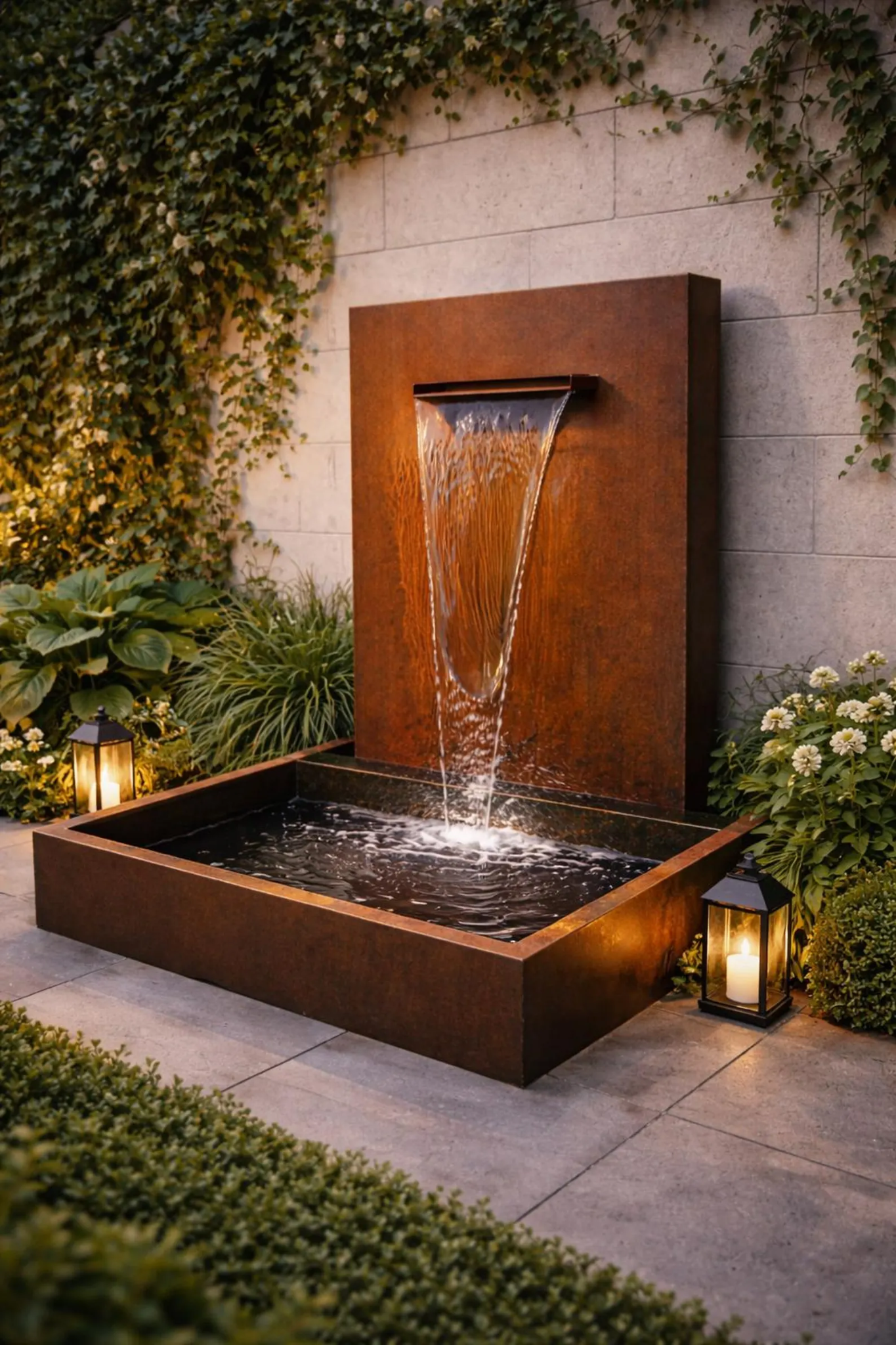 Modern Corten Steel Water Feature – Contemporary Outdoor Fountain with Basin