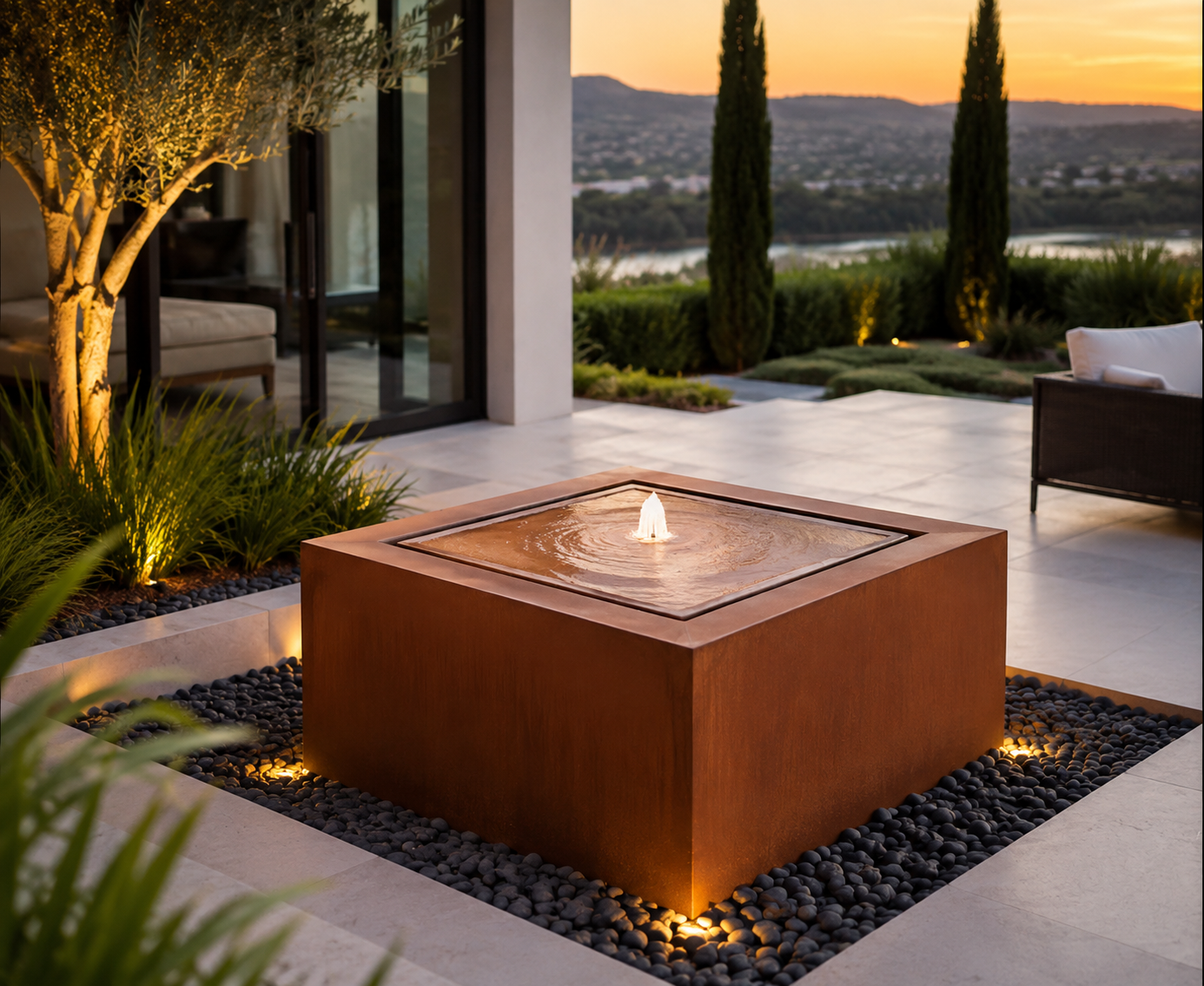 Corten Steel Water Feature 24x24 – Modern Outdoor Garden Fountain – Square Bubbling Fountain – Contemporary Landscape Water Feature