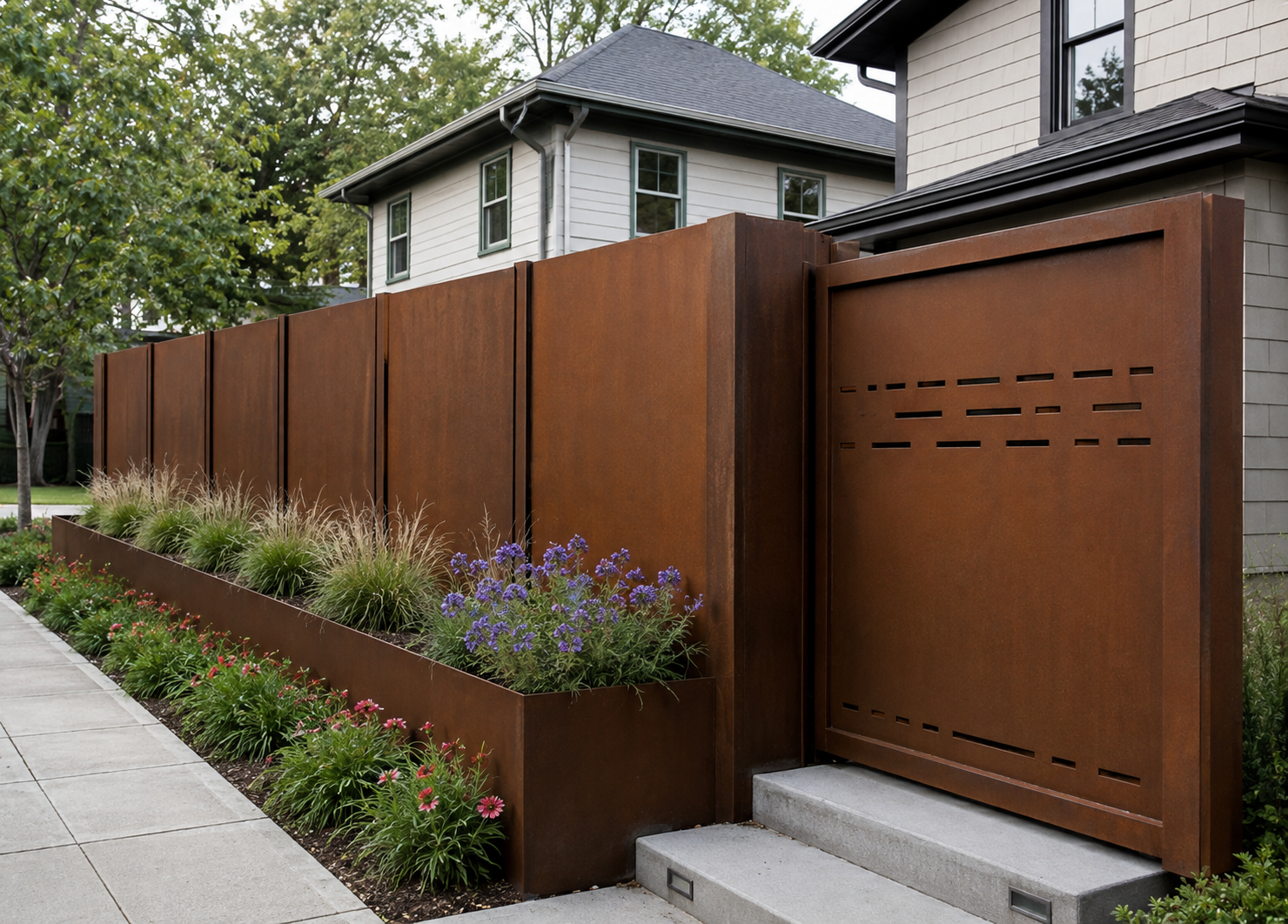 Modern Corten Steel Privacy Panels with Built-In Planters – Laser Cut Tree & Bird Design for Outdoor Screening and Landscaping