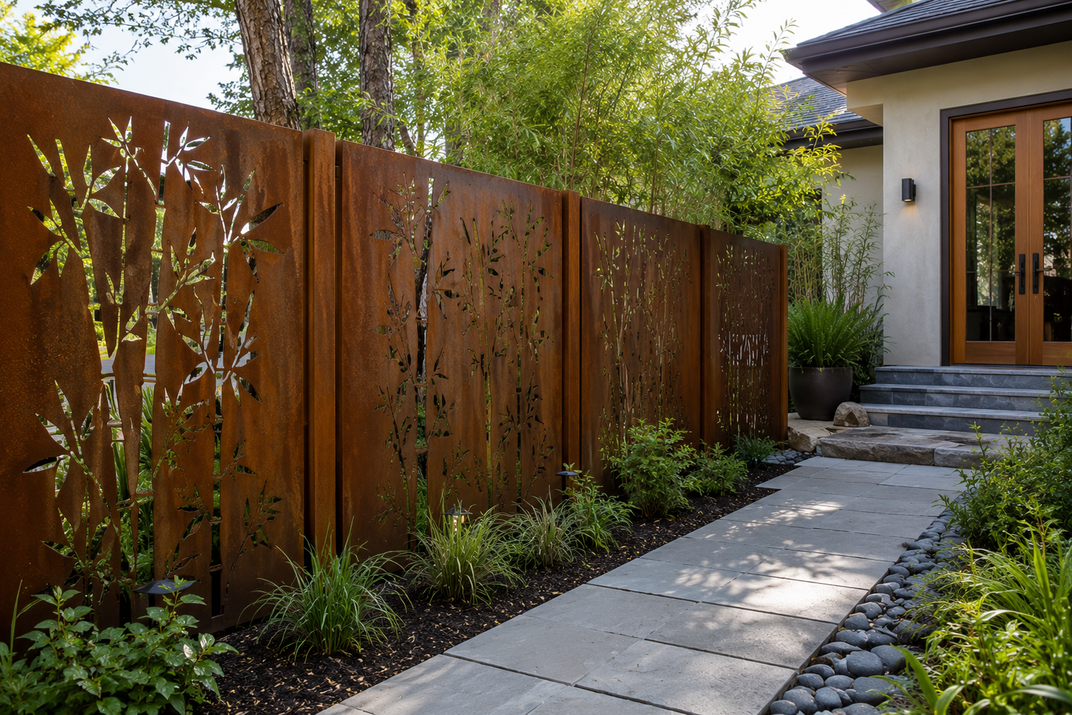 Custom Black Bamboo Privacy Panels | 14 GA Steel | Modern Laser Cut Outdoor Screens | Made in USA