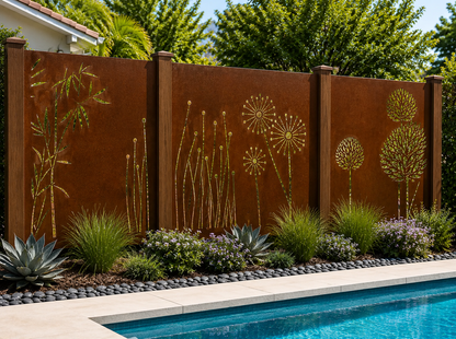 Custom-Made Modern Botanical Corten Steel Privacy Panels | Decorative Outdoor Screens | Made in USA