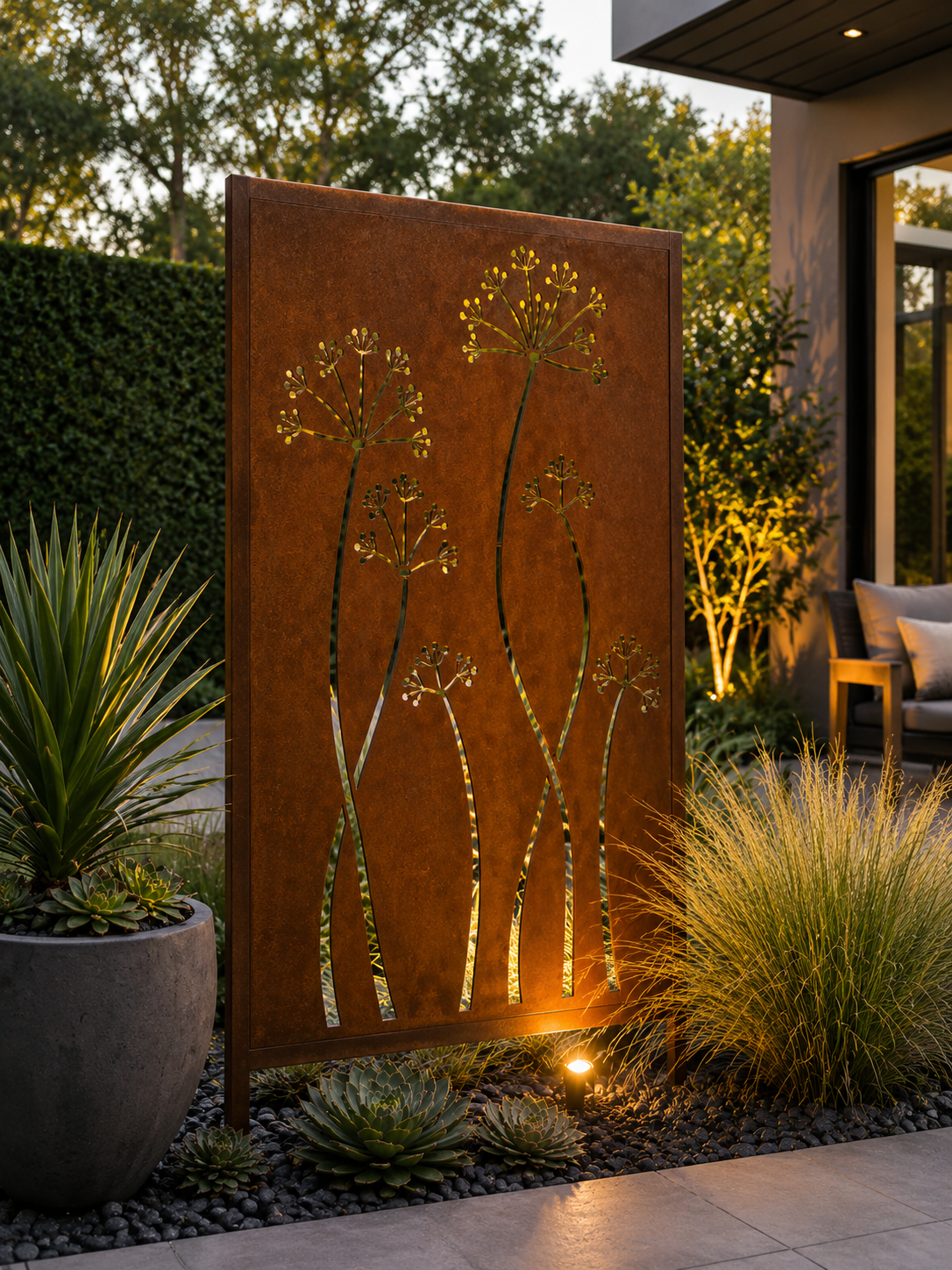 Custom-Made Modern Botanical Corten Steel Privacy Panels | Decorative Outdoor Screens | Made in USA