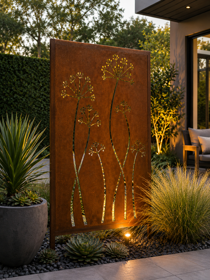 Custom-Made Modern Botanical Corten Steel Privacy Panels | Decorative Outdoor Screens | Made in USA
