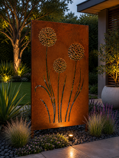 Custom-Made Modern Botanical Corten Steel Privacy Panels | Decorative Outdoor Screens | Made in USA