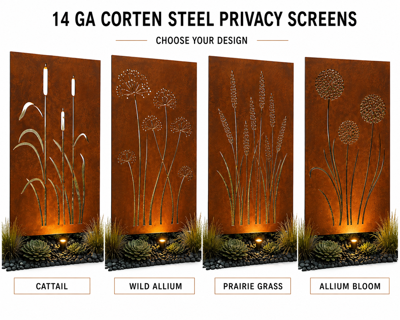Custom-Made Modern Botanical Corten Steel Privacy Panels | Decorative Outdoor Screens | Made in USA