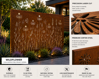 Custom-Made Modern Botanical Corten Steel Privacy Panels | Decorative Outdoor Screens | Made in USA