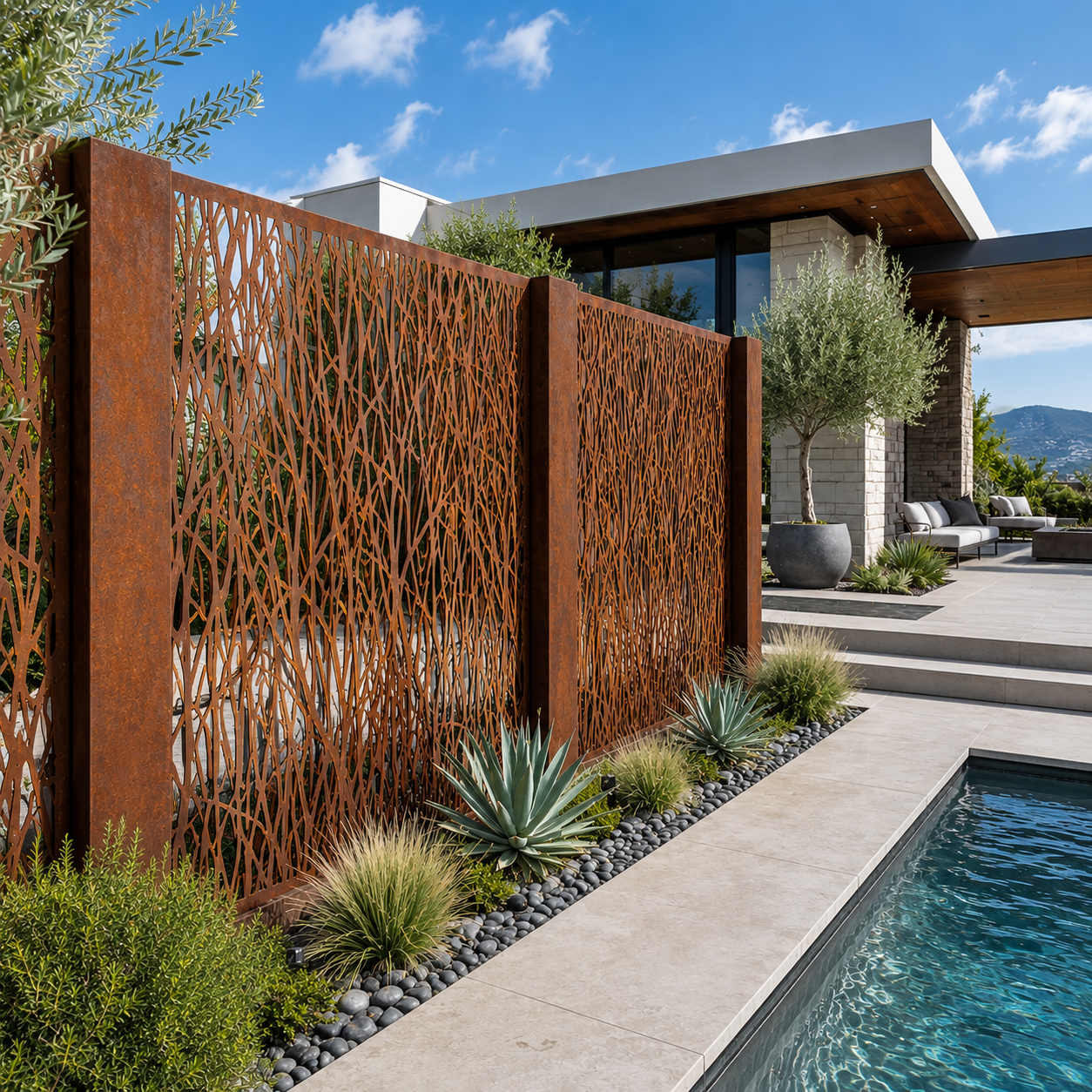 Architectural Corten Steel Privacy Panels – Double Layer Custom Metal Screens – 11 Gauge