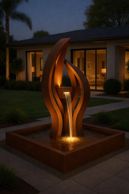 Modern Corten Steel Fountain – Sculptural Outdoor Water Feature