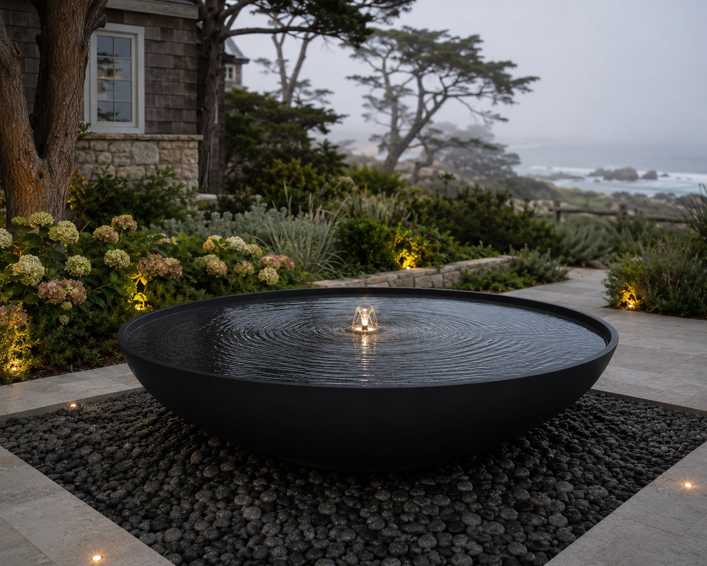 Black Powder Coated Steel Round Fountain Bowl, Modern Outdoor Water Feature