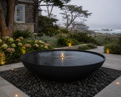 Black Powder Coated Steel Round Fountain Bowl, Modern Outdoor Water Feature
