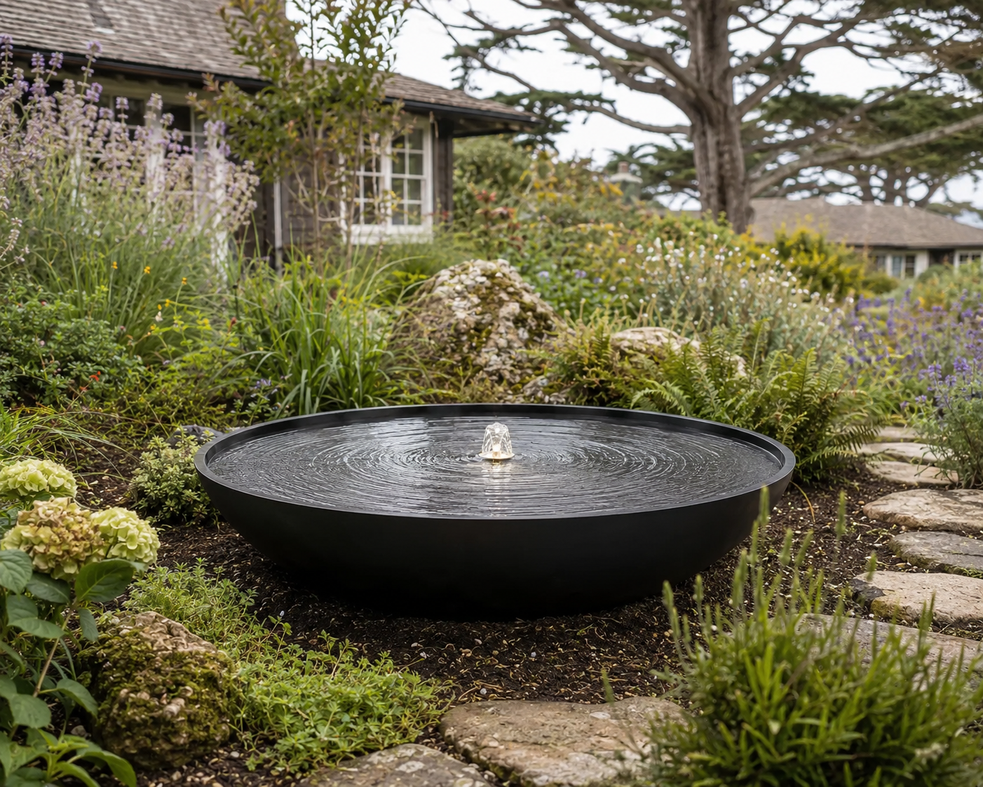 Black Powder Coated Steel Round Fountain Bowl, Modern Outdoor Water Feature