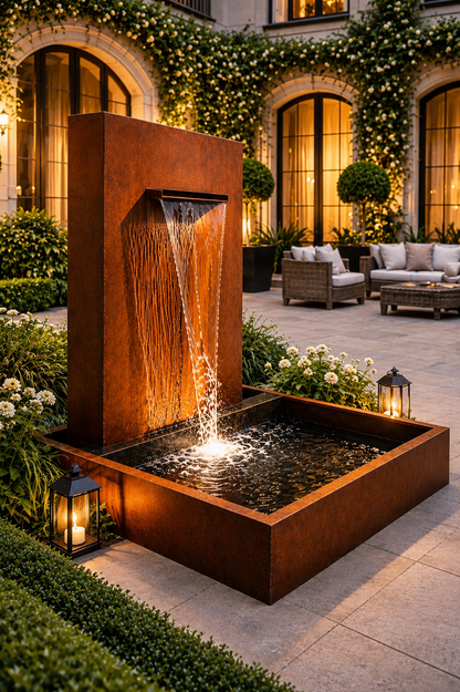 Modern Corten Steel Water Feature – Contemporary Outdoor Fountain with Basin