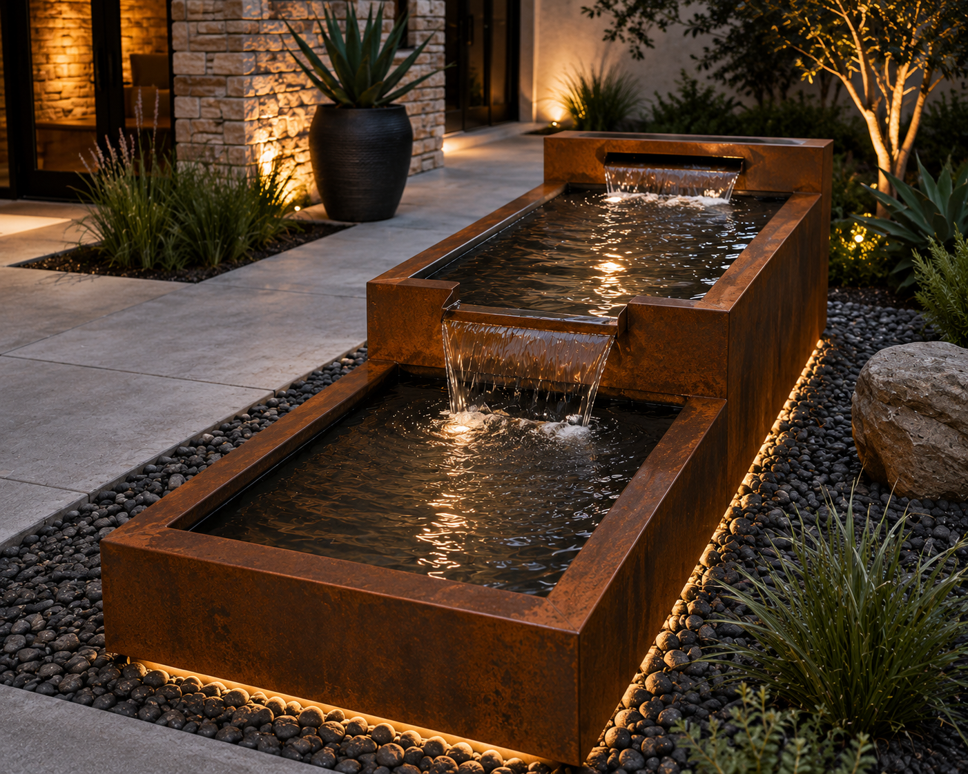 Modern Corten Steel Water Fountain | Luxury Outdoor Water Feature | Architectural Garden Fountain | Handmade in USA