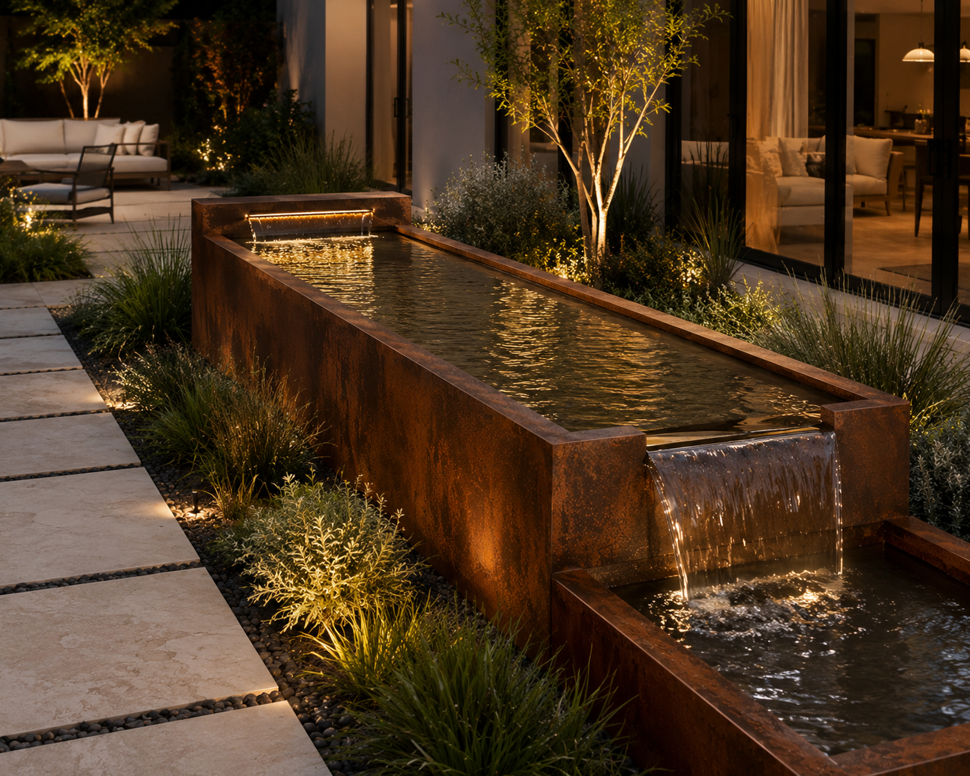 Modern Corten Steel Water Fountain | Luxury Outdoor Water Feature | Architectural Garden Fountain | Handmade in USA