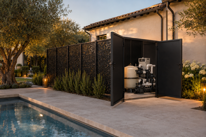 Corten Steel Pool Equipment Enclosure | Custom Decorative Metal Screen & Pool Pump Cover
