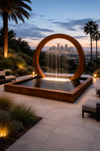 Corten Steel Waterfall Fountain, Modern Outdoor Reflecting Pool